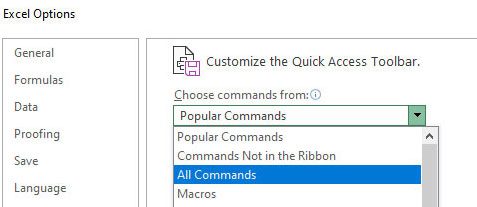 excel options all commands