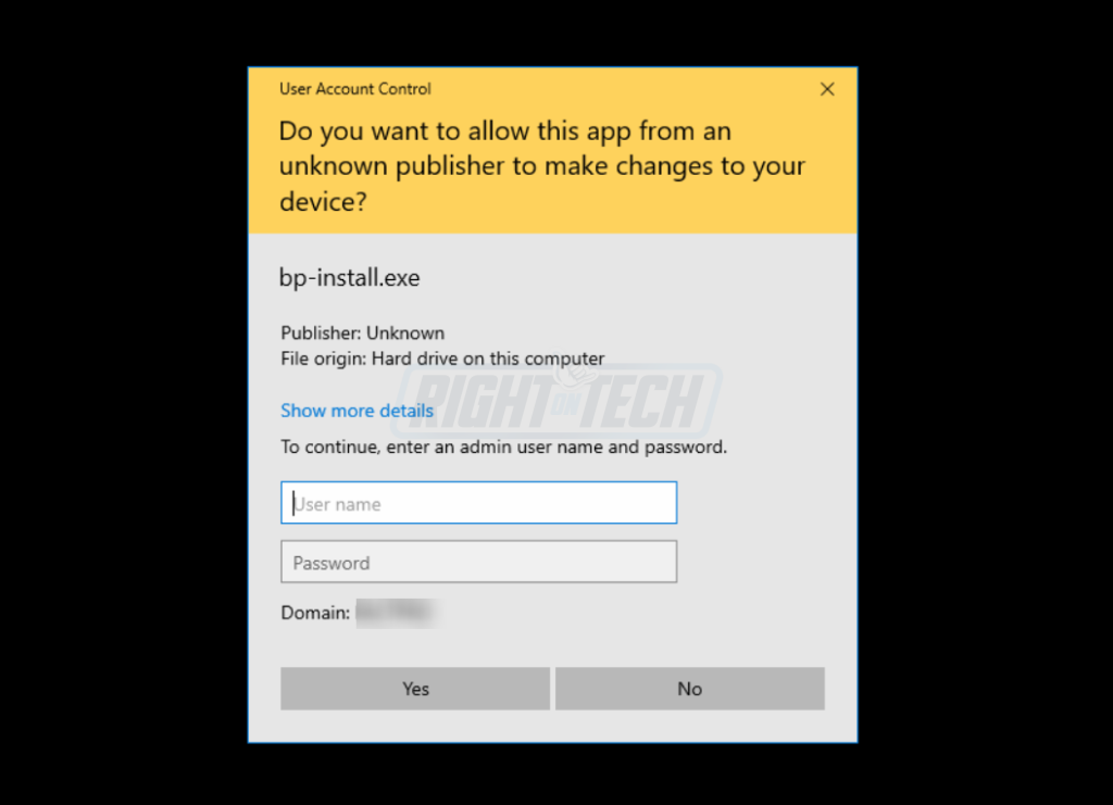 EFTPS Installer User Account Control Screen